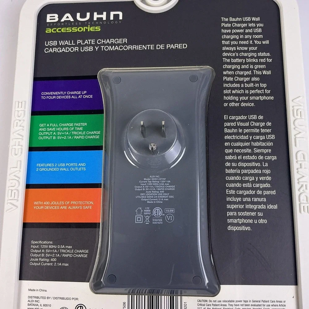 BAUHN USB Wall Plate Charger 2 Outlets 2 USB Port Rapid Charging Surge Protected
